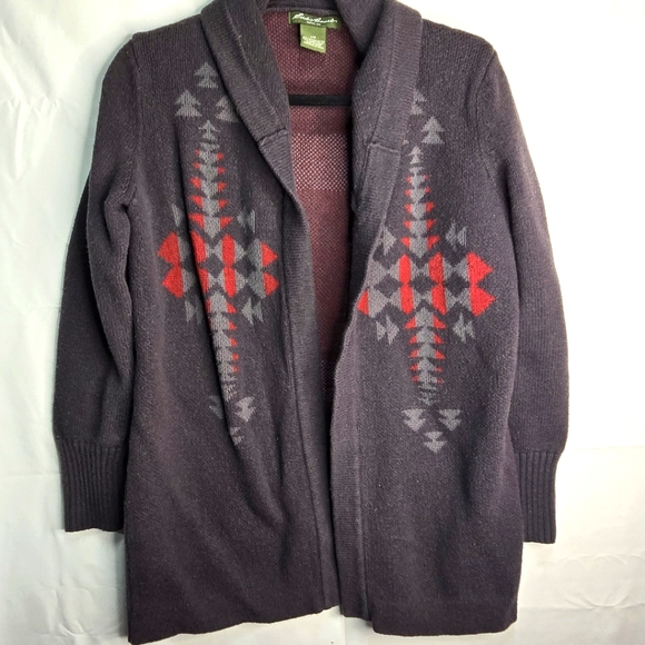 Eddie Bauer Wool Cotton Blend Womens Gray/ Red Cardigan W/ Aztec Design Size. Lg - Picture 1 of 11